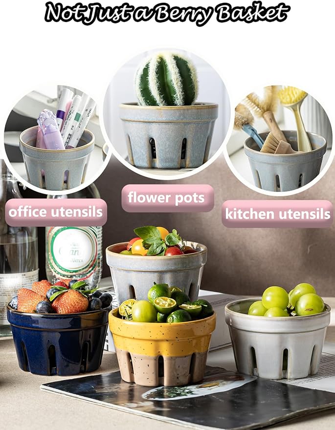Gomakren Ceramic Berry Basket Set of 2, Round Fruit Bowl with Holes, Fruit Storage Containers for Kitchen Fridge, Cute Strawberry Basket for Berries, Grape, Cherry, Gray