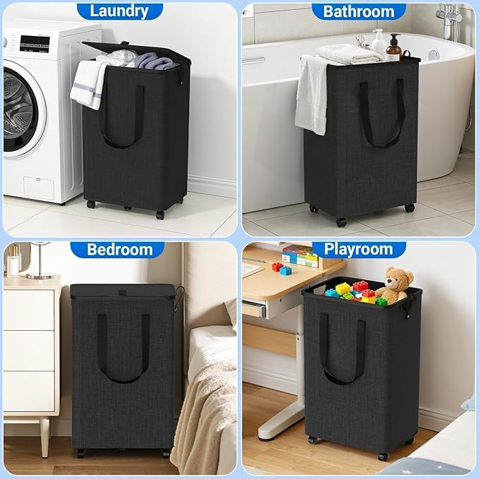 Laundry Basket with 5 Wheels, Tall Dirty Laundry Hamper, Rolling Laundry Basket with Lid, Large 90L Collapsible Clothes Hamper for Laundry Room Bedroom Bathroom Dorm, Deep Gray