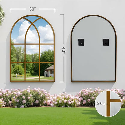 Arched Window pane Wall Mirror 30"x40", Window Shaped Farmhouse Style with Aluminum Frame, Decorative Wall Mirror Leaning Hanging for Living Room, Courtyard, Bedroom, Entryway, Bronze