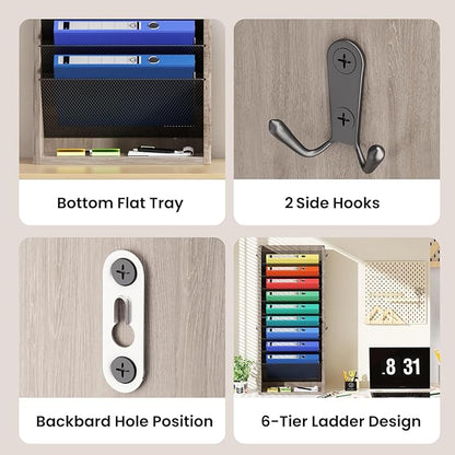 Hanging Wall File Organizer, 11 Tier Wood Wall File Holder with 4 Hooks, Mail Organizer Wall Mounted with Bottom Flat Tray, Vertical Paper Desk Storage for Office, Home, Greige