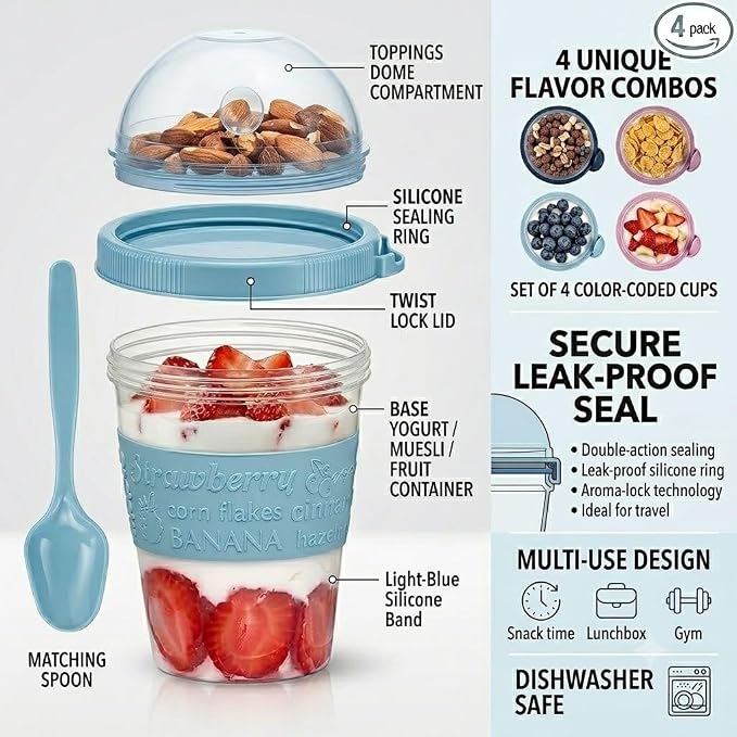 Salda 4 Pack 20 oz Breakfast On the Go Cups, Take and Go Yogurt Cup with Topping Cereal Cup with spoon, Overnight Oats or Oatmeal Container Jar, Colorful Set of 4
