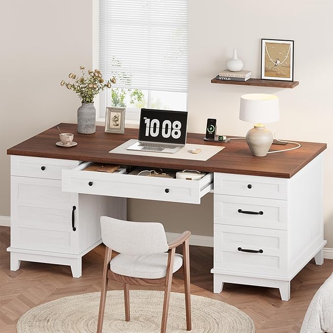 60" Executive Desk with Power Outlet, Home Office Desk with Drawers, Wooden Work Desk with File Cabinet, Computer Desk for Work, Study, Writing, White and Brown