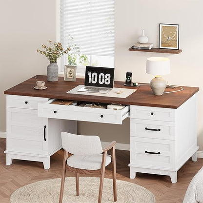 60" Executive Desk with Power Outlet, Home Office Desk with Drawers, Wooden Work Desk with File Cabinet, Computer Desk for Work, Study, Writing, White and Brown