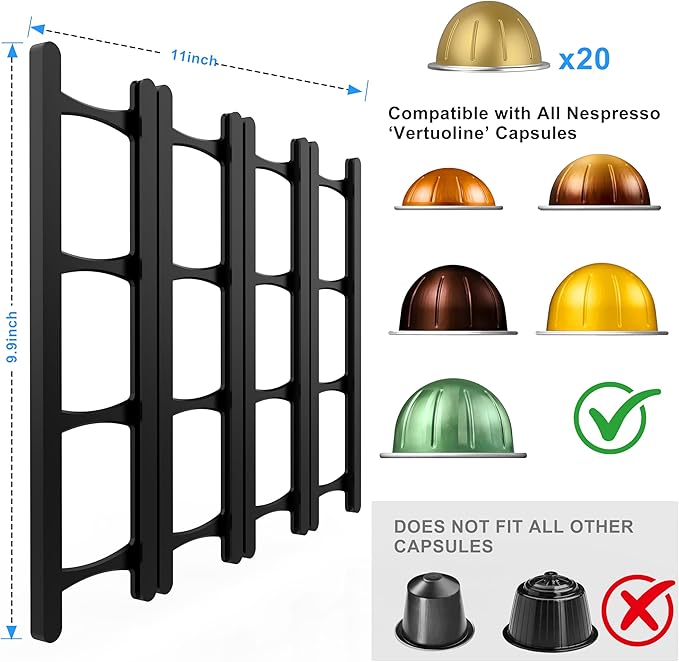 Magnetic Coffee Pod Holder Compatible with Nespresso VertuoLine Capsules –20-Pod Organizer for Refrigerator, Neodymium Magnet Mount, Space-Saving Coffee Storage Black
