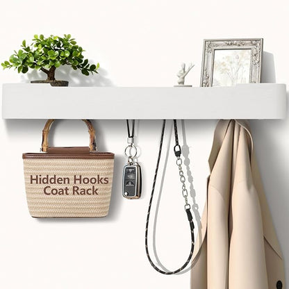 Coat Rack Wall Mount with Shelf 8 Hidden Hooks Modern Wooden Key Holder Entryway Organizer for Hallway Bedroom Bathroom Home Decor Storage for Hanging Coats Hats Bags Towels, White