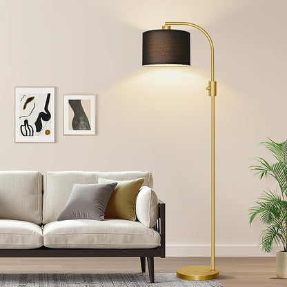 Nintiue Upgraded Modern Arc Dimmable Tall Standing Floor Lamp with Black Shade, 1200 Lumens LED Bulb Included, for Living & Reading Room, Bedroom, Office & Nursery, Gold