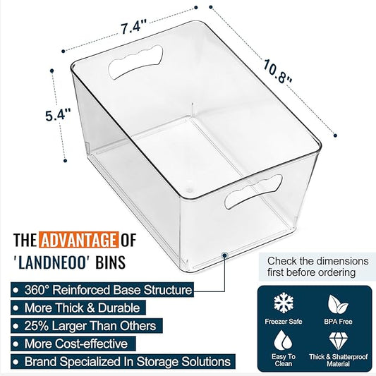 12 PACK LARGE Clear Storage Bins with Handles & Labels, Multiuse Plastic Pantry Organizer Bins for Home Kitchen, Fridge, Freezer, Cabinet, Closet, Bathroom, Shelf, Laundry, RV, Under Sink Organization