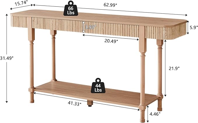 63'' Fluted Console Table with 2 Drawers, 2-Tier Long Entryway Tables with Open Storage, Wooden Narrow Sofa Table Behind Couch, Foyer Accent Table for Living Room, Hallway, Entrance (Natural)