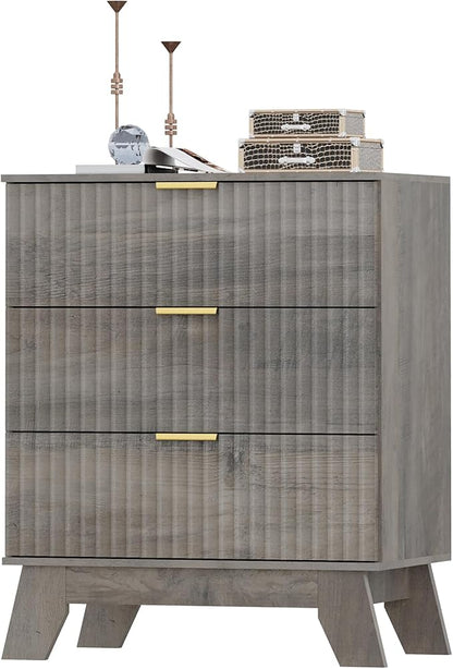 Fluted 3 Drawer Dresser for Bedroom, Mid Century Modern Beside Table with Metal Handle, Wooden Nightstand with 4 Drawers End Table for Living Room, Closet, Entryway, Grey