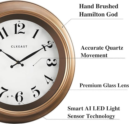 CLXEAST 18 Inch Glow in The Dark Wall Clocks for Living Room Decor, Large Illuminated Gold Wall Clock,Antique Brushed Gold,House Warming Gifts New Home