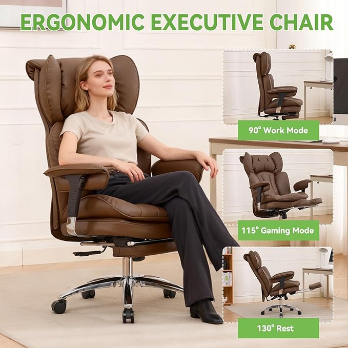 Efomao Big & Tall Executive Office Chair with Footrest - 400lbs Heavy Duty High Back PU Leather Desk Chair, Modern Ergonomic Reclining Computer Chair, Brown