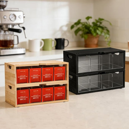 Stackable Bamboo Tea Box Organizer (Set of 2) - Large Capacity Tea Bag Storage Holder for Pantry & Cabinet - Multipurpose Tea Chest - Sustainable Kitchen Drawer & Office Breakroom Decor