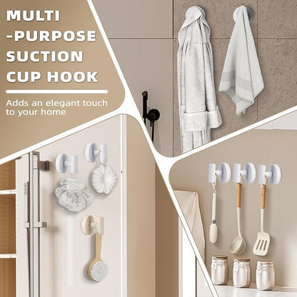 Suction Cup Hooks for Shower - Bathroom Reusable Hooks for Towels, Robes & Loofah - No-Drill Mounting on Kitchen,Walls,Metal,Glass,Mirrors,Tile & Smooth Non-Porous Surfaces (4, White)
