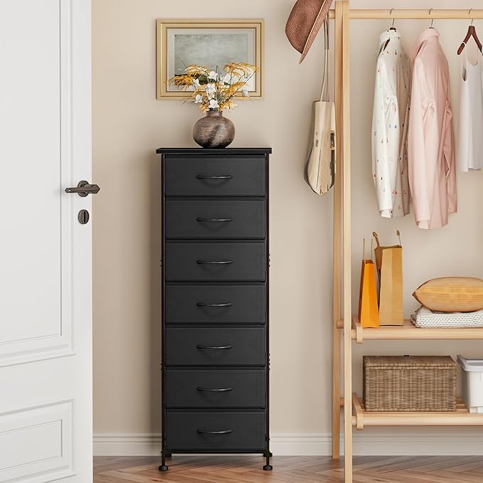 Fixwal Black Tall Skinny Dresser for Bedroom, Narrow Storage Dresser Organizer with 7 Fabric Drawers, Nightstand Furniture in Closet, Entryway, Hallway