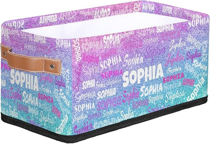 Personalized Small Kids Toys Box with Name, Custom Nursery Baskets, Women Makeup Organization Custom Storage Toilet Paper Organizer, Gradient Violet Pink Blue Glitters