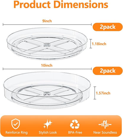4 Pack Clear Lazy Susan, 9+10 Inch Turntable Organizer, Non-Skid Rotating Tray for Cabinet, Kitchen Pantry Organization and Storage, Acrylic Spinner for Refrigerator, Bathroom Vanity and Spice Rack