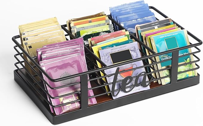 6 Compartments Tea Bag Organizer Holder, Tea Packets Storage Holder Container Display Stand Rack for Kitchen Organization Coffee Bar Decor