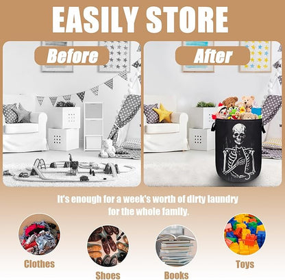 Funny Skull Black Cat Laundry Basket, Foldable Waterproof Laundry Hamper Tote Bag Dirty Clothes Storage Bucket Toy Organizer for Bathroom/Laundry/Bedroom 15.7"x19.6"