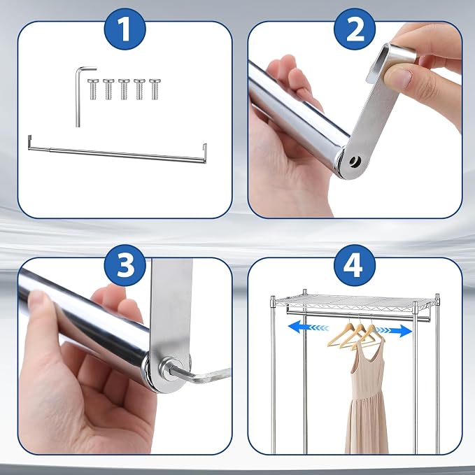Threehoney Expandable Closet Rod for Wire Shelf Hanging Clothes Adjustable Heavy Duty Closet Hanging Rod Extender Heavy Duty Hanger Bar Metal Poles for Wardrobes Hanger, 1 Pack(36-60 Inch,Silver)