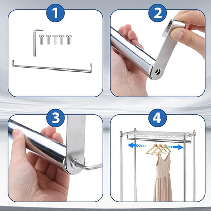 Threehoney Expandable Closet Rod for Wire Shelf Hanging Clothes Adjustable Heavy Duty Closet Hanging Rod Extender Heavy Duty Hanger Bar Metal Poles for Wardrobes Hanger, 1 Pack(36-60 Inch,Silver)