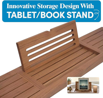 AquaTeak 30" Manada Teak Bathtub Tray Caddy - Durable, Water-Resistant Bath Tray for Tub with Foldable Book & Tablet Stand - Fits Standard Soaking Bathtubs - Bathroom Accessories for Spa