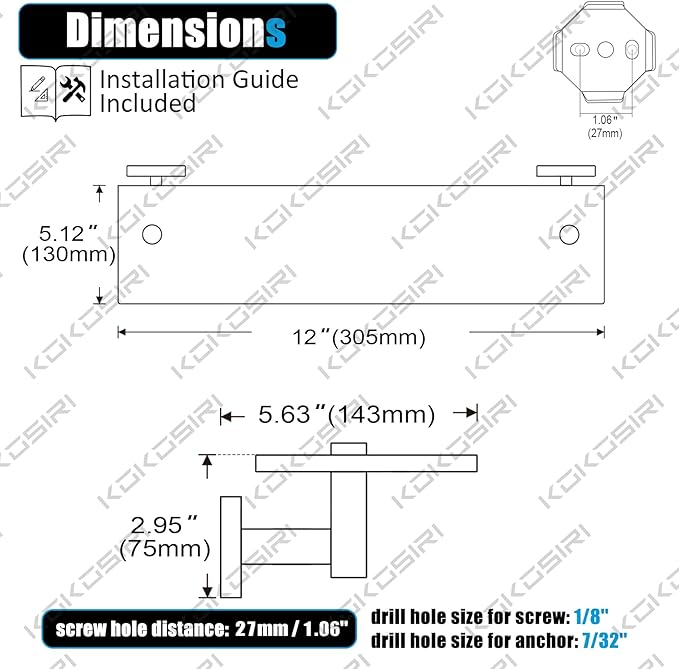 KOKOSIRI Bathroom Shelves Glass Floating Shelf 12-Inch for Bedroom Living Room Kitchen Hanging Rack Rustproof Wall Mounted Black 2 Pack B1105BK-L12-P2
