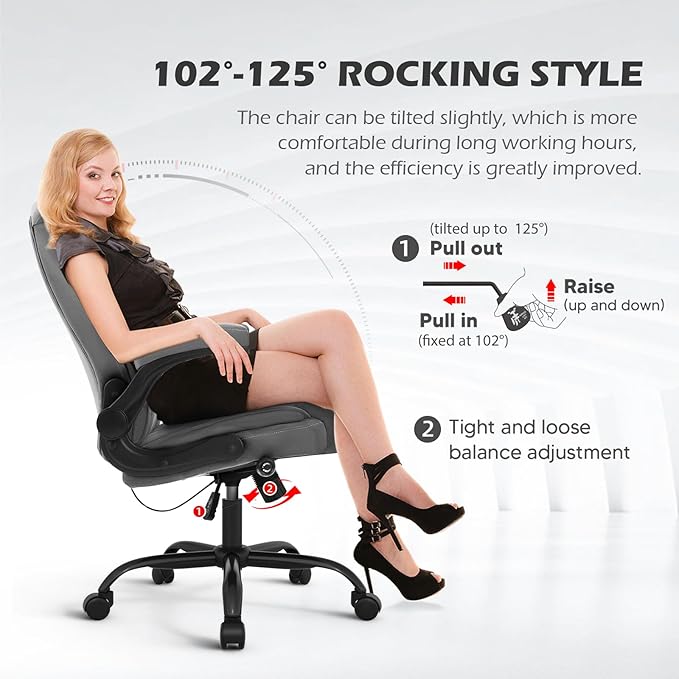 YAMASORO Executive Office Chair,Big and Tall Ergonomic Desk Chair with Adjustable Lumbar Support, Comfortable Computer Chair wih Flip-up Arms and Wheels, Gray