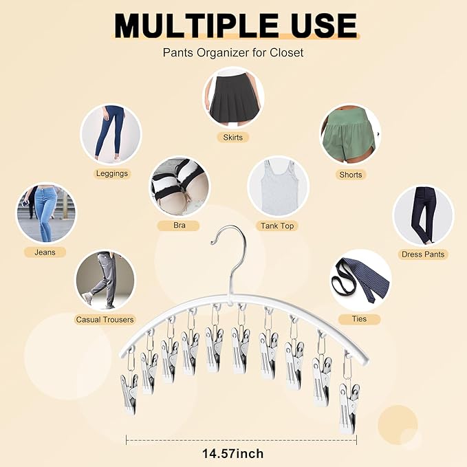 Legging Organizer for Closet, Metal Yoga Pants Hanger w/Rubber Coated 4 Pack w/10 Clips Hold 40 Leggings, Hangers Space Saving Hanging Closet Organizer for Closet Organizers and Storage-White