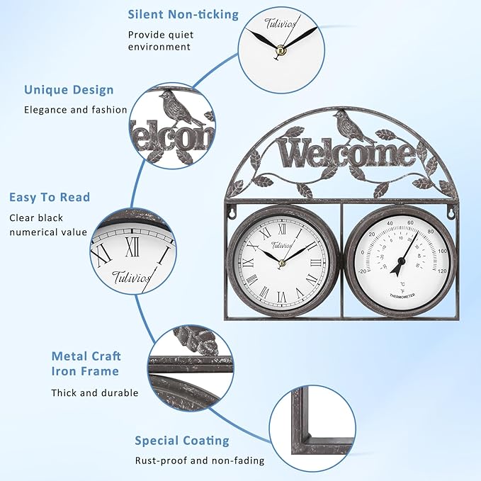 17Inch Large Outdoor Clock,Waterproof Wall Clock with Thermometer,Weatherproof Non-Ticking Quartz Battery Operated Decor Clock for Patio,Garden,Pool,Porch,House Warming Gifts