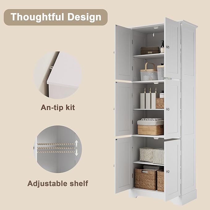 ChooChoo Tall Bathroom Storage Cabinet with 6 Doors, Freestanding Floor Cabinet with Adjustable Shelves, White Pantry Cabinet for Bathroom, Kitchen, Laundry Room