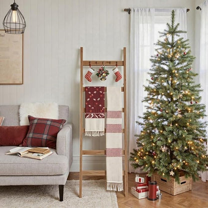 TEAKMAMA 6-Tier Blanket Ladder for Living Room and Bedroom,5.4 Ft Wall Leaning Quilt Rack with Hooks,Rustic Decorative Farmhouse Blanket Storage,Stylish Ladder Holder,Christmas Decorations,Honey Brown