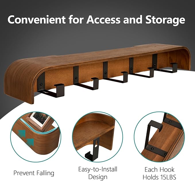 Coat Rack Wall Mount with Hidden Hooks Modern Key Holder Wood Entryway Hook with Shelf for Bedroom Kitchen Hallway Bathroom Designed for Hanging Coats Hats Bags Towel Dog Leashe(Walnut,5 Hooks)