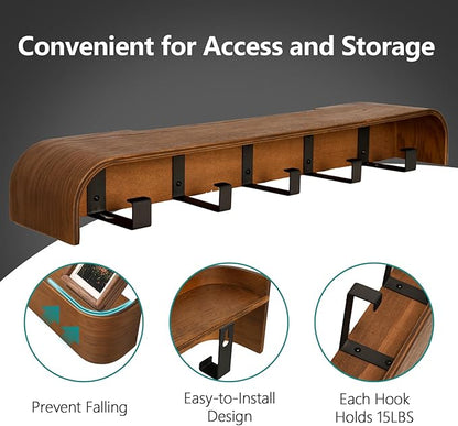 Coat Rack Wall Mount with Hidden Hooks Modern Key Holder Wood Entryway Hook with Shelf for Bedroom Kitchen Hallway Bathroom Designed for Hanging Coats Hats Bags Towel Dog Leashe(Walnut,5 Hooks)