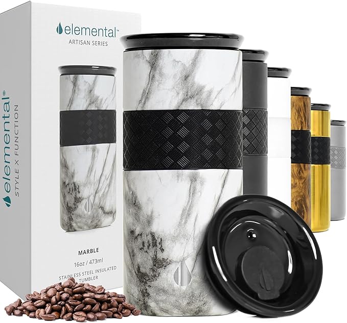 Elemental Artisan Insulated Tumbler, Triple Wall Coffee Travel Tumbler, Reusable Stainless Steel with Ceramic Lid, Thermal Coffee Cup for Hot (6 Hrs) & Cold (18 Hrs) 16oz - White Marble