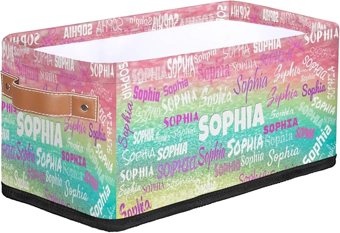 Custom Small Storage Basket Name, Rectangular Storage Bins Handles Organizing Girls Pets Toys Clothes Books for Countertop Toilet Paper Basket Closet Shelf, Pink Yellow Turquoise Glittering