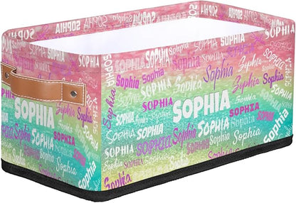 Custom Small Storage Basket Name, Rectangular Storage Bins Handles Organizing Girls Pets Toys Clothes Books for Countertop Toilet Paper Basket Closet Shelf, Pink Yellow Turquoise Glittering
