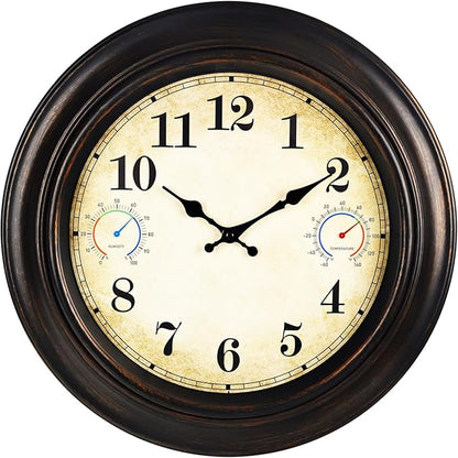 Large Outdoor Clock with Thermometer & Hygrometer – 18 Inch Bronze Vintage Farmhouse Decor Waterproof Wall Clock for Patio, Garden, Pool, Backyard