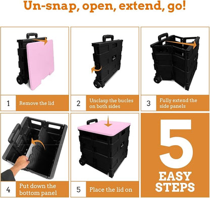 Inspired Living Collapsible Ultra-Slim Pack-N-Roll,2 Wheel Utility Cart w/Lid Used as Seat up to 250 Lbs, Telescopic Handle, Super Strong, for Home,Garden,Shopping,Office,School, Large, Pink & Black