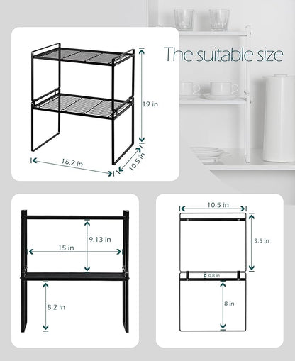 Shantton 2Pack Kitchen Cabinet Shelf Counter Organizer Rack Pantry Storage Bathroom Bedroom Office Table Desk Space Saving Stackable Rust Resistant Non Slip Black Tall Wide L16.1in W10.6in H9.5in
