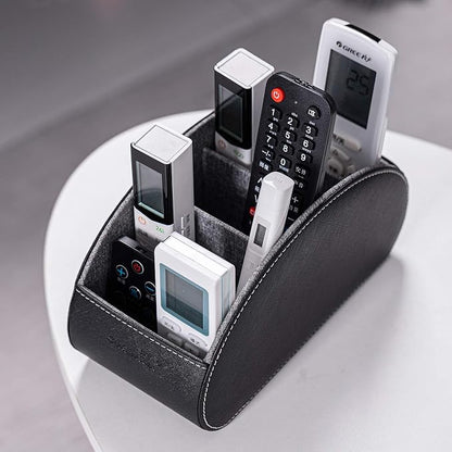 BONNY DODO Remote Control Holders Organizer Box with 5 Compartment PU Leather Multi-functional Office Desk Storage Caddy Store Tv Remote for Media Player,Brush,Pencil,Glassees&Office Supplies (Black)