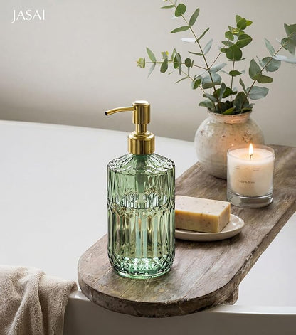 JASAI 2Pack 18Oz Green Glass Soap Dispenser with Gold Rust Proof Pump, Refillable Dish Soap Dispenser for Kitchen, Bathroom Soap Dispenser for Hand soap, Lotion, Body Wash, Dish Soap.
