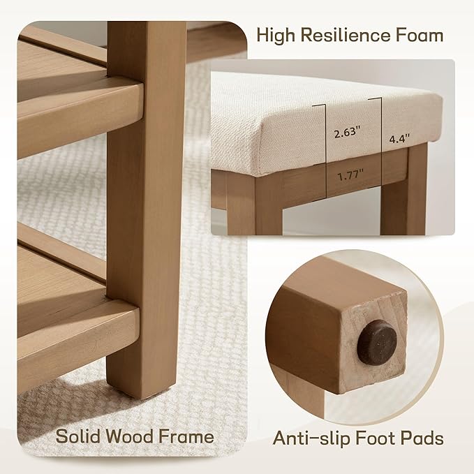 2 Tier Shoe Rack Bench with Cushion, Solid Wood Shoe Benches, Mid-Century Modern Shoe Storage Bench for Entryway, Hallway, Living Room, Closet, Front Door Entrance, (Beige, 39.4")
