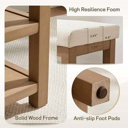 2 Tier Shoe Rack Bench with Cushion, Solid Wood Shoe Benches, Mid-Century Modern Shoe Storage Bench for Entryway, Hallway, Living Room, Closet, Front Door Entrance, (Beige, 39.4")