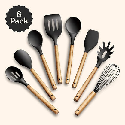 Country Kitchen Non Stick Silicone Utensil Set with Rounded Wood Handles for Cooking and Baking, 8 Piece Set, Black