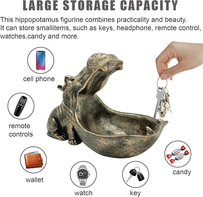 aboxoo Hippo Statue Home Resin Hippopotamus Figurine Sculpture Table Art Decoration Sundries Key Container Storage Box (Copper)