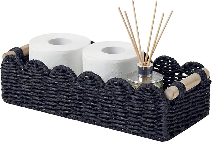 Black Paper Rope Scalloped Basket with Wooden Handles, Modern Bathroom Counter Organizer Basket for Vanity, Toilet Tank Top, Shelves & Coffee Table – 14" x 6.3" x 3.9"