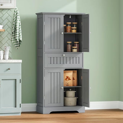 ChooChoo 51" H Tall Bathroom Floor Cabinet, Modern Bathroom Storage Cabinet with Drawer and Adjustable Shelves, Freestanding Kitchen Pantry Cupboard with 4 Doors for Living Room, Grey