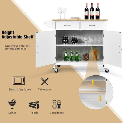 NAFORT Rolling Kitchen Island Cart on Wheels, Utility Trolley Cart Bar Serving Cart w/Rubber Wood Top, Handle Rack, Storage Cabinet and Drawers for Home Kitchen Dining Room, White