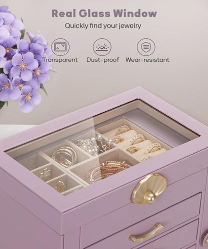 Jewelry Box with 4 Drawers: Display Organizer for Earrings Necklaces - Gifts for Girls Women (Grey Purple)