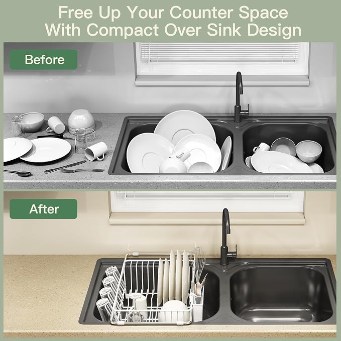 MAJALiS White Dish Drying Rack Over Sink with Utensil Holder, Drainboard | Expandable Stainless Steel Dish Drainer for Small Kitchen, Apartment, RV, Counter Space Saving, Perfect Fit, Rustproof